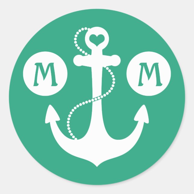 Green Nautical Monogram Classic Round Sticker (Front)