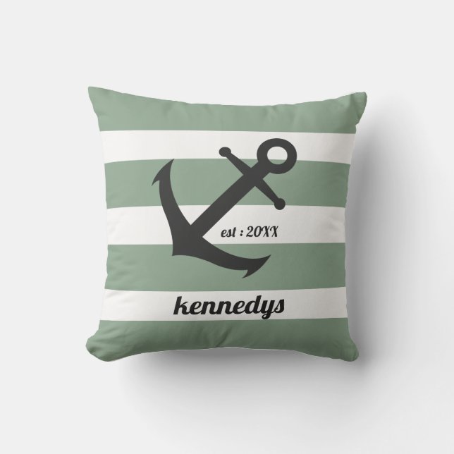 Green  Nautical Stripes Anchor Family Name    Cushion (Front)
