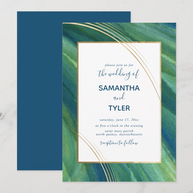 Green, Navy and Gold Artistic, Earthy Invitation (Front/Back)