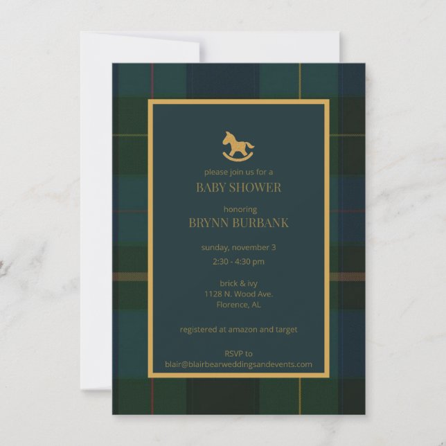 Green Navy and Gold Tartan Baby Shower Invitation (Front)