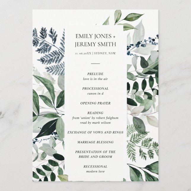 Green Navy Black Leafy Foliage Wedding Program Programme (Front)