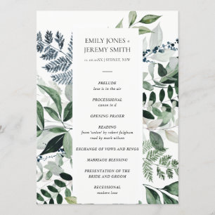 Green Navy Black Leafy Foliage Wedding Program Programme