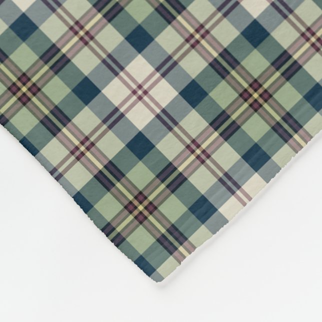 Green, Navy Blue and Cream Plaid Fleece Blanket (Corner)