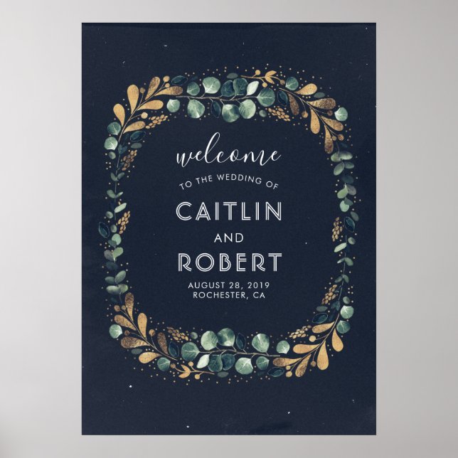 Green, Navy Blue and Gold Greenery Wedding Poster (Front)