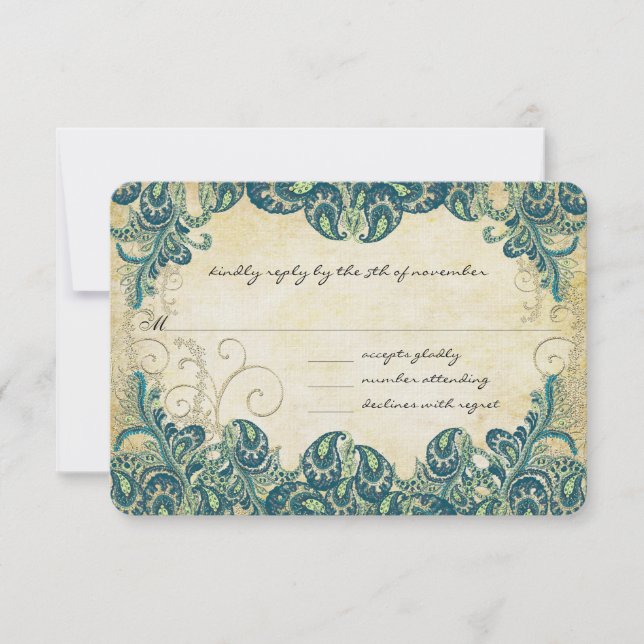 Green Navy Blue and Gold Peacock Wedding RSVP (Front)