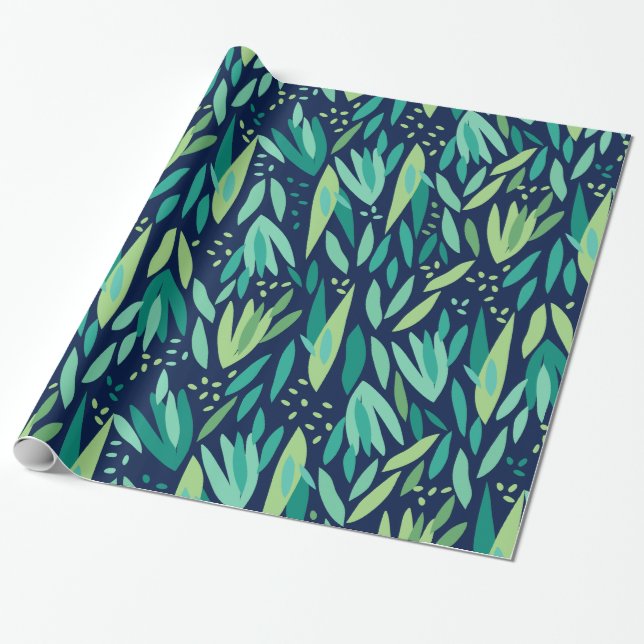 Green & Navy-Blue Tropical Leafs Pattern Wrapping Paper (Unrolled)