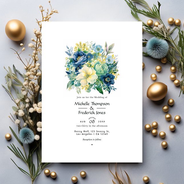 Green, Navy, Pale Blue, and Gold Floral Wedding Invitation (Creator Uploaded)
