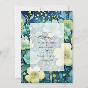 Green, Navy, Pale Blue, and Gold Floral Wedding Invitation