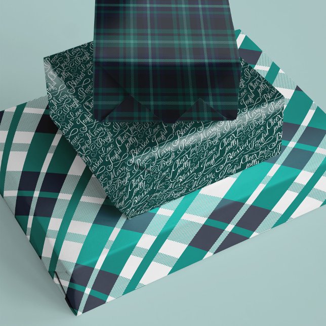 Green & Navy Tartan Plaid Christmas Typography Wrapping Paper Sheet (Creator Uploaded)