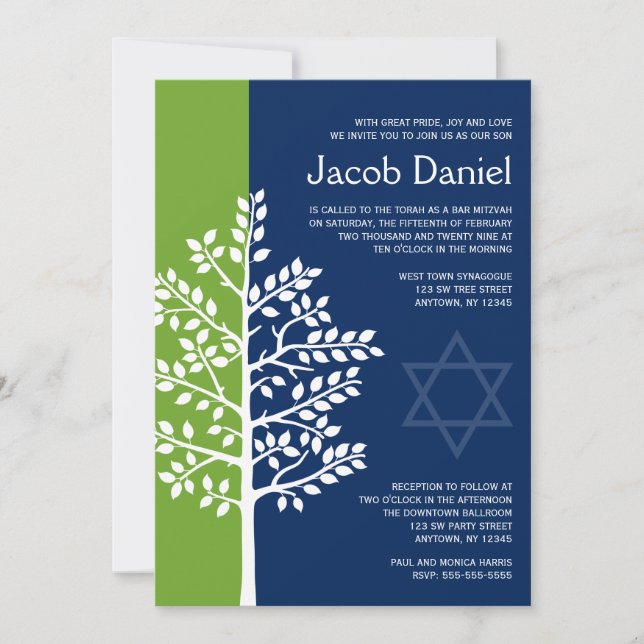 Green Navy Tree of Life Bar Mitzvah Invitation (Front)