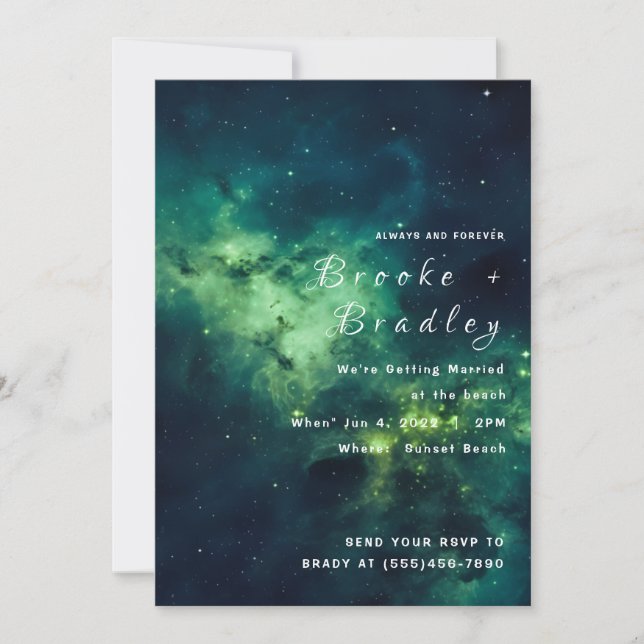 Green Nebula Ocean Wedding Invitation (Front)
