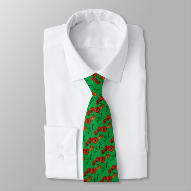 Green Neck Tie with Red Poppies (Tied)