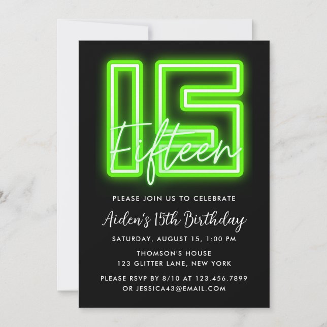 Green Neon 15th Birthday Invitation (Front)