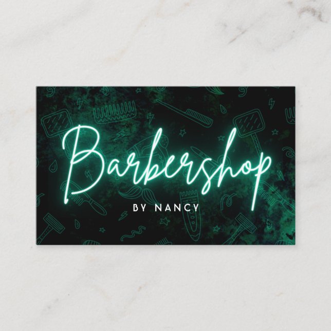 Green Neon Barbershop Hairdresser  Business Card (Front)