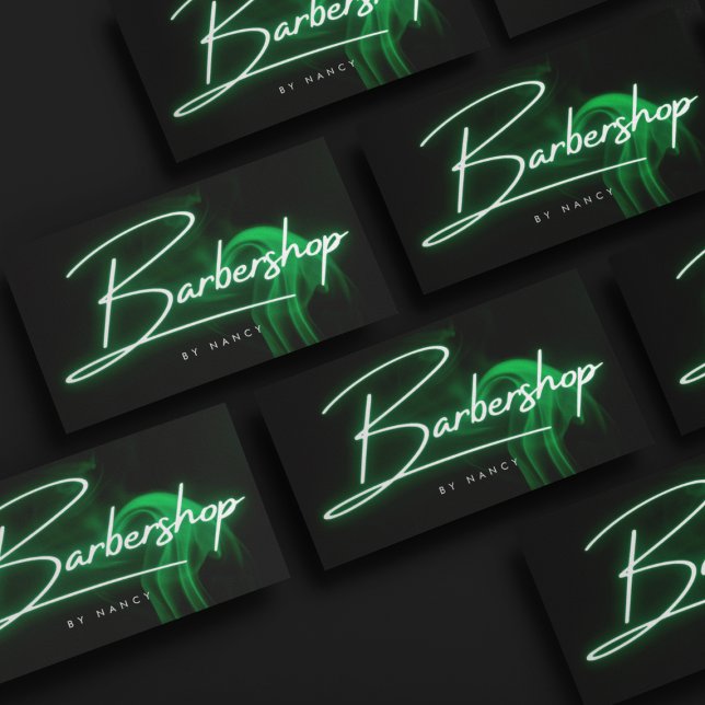 Green Neon Barbershop Handwritten Script Barber  Business Card (Creator Uploaded)