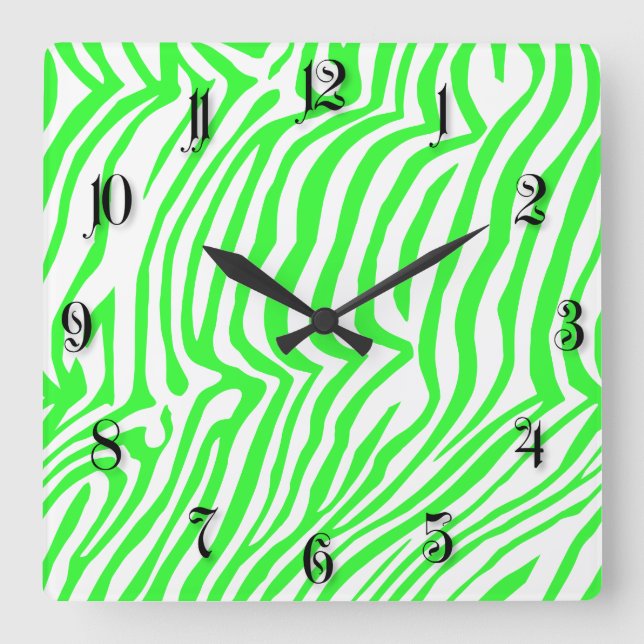 Green neon colour zebra pattern square wall clock (Front)