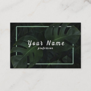Green neon frame tropical leaf vector business card