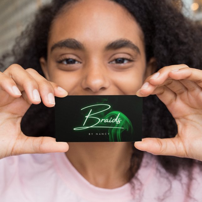 Green Neon & Smoke Braids Handwritten Script Business Card (Creator Uploaded)