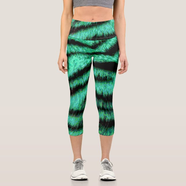 Green neon tiger stripes capri leggings (Front)