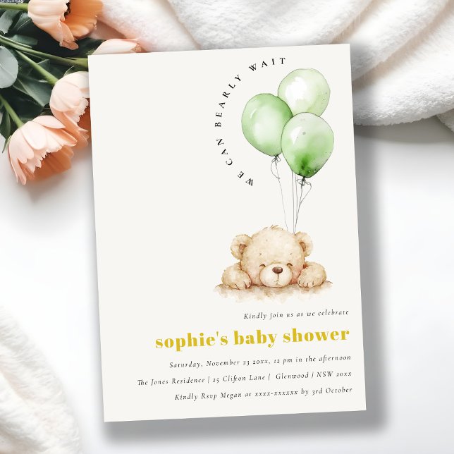 Green Neutral Bearly Wait Balloon Baby Shower Invitation (Creator Uploaded)