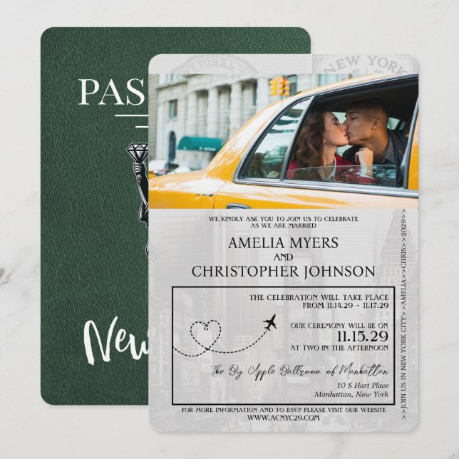 Green New York City Passport Wedding Invitation (Front/Back)