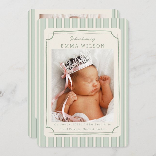 Green Newborn Photo Collage Baby Birth  Announcement (Front/Back)