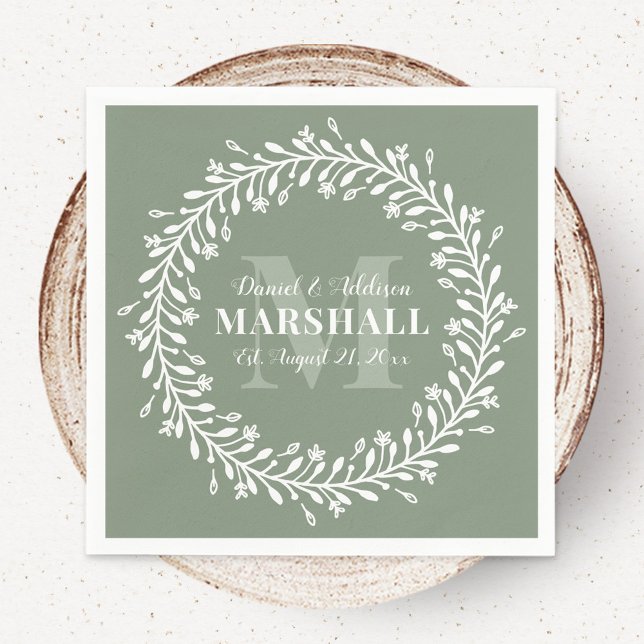Green Newlywed Couple Wreath Monogram Name Napkin (Creator Uploaded)