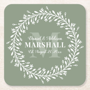 Green Newlywed Couple Wreath Monogram Name Square Paper Coaster