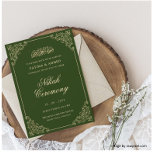 Green Nikah Islamic Muslim Wedding Invitation<br><div class="desc">Luxury Islamic Muslim Nikah Wedding Invitation. Gold vintage border design in the corner and a dark green colour background. There are two script fonts on the front card. Personalise all of the information that is written on the card. You can add text on the extra card. Blank white envelope is...</div>