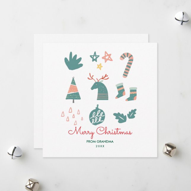 Green Non Photo Cute Simple Christmas Drawings Holiday Card (Front/Back In Situ)