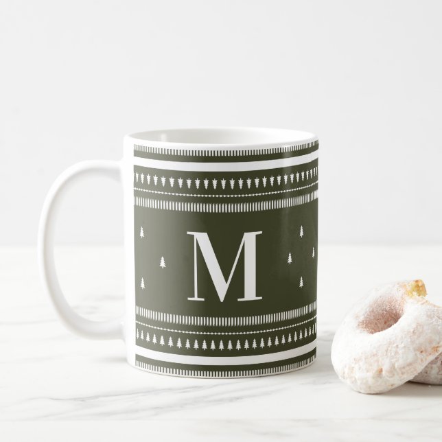 Green Nordic Christmas Trees & Monogram Coffee Mug (With Donut)