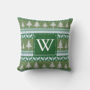 Green Nordic Fir Trees Pattern Monogrammed Cushion