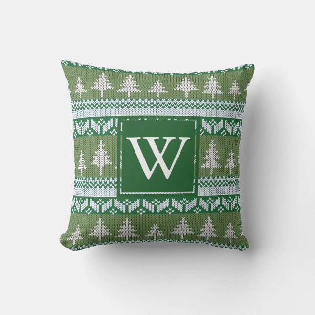 Green Nordic Fir Trees Pattern Monogrammed Cushion (Front)