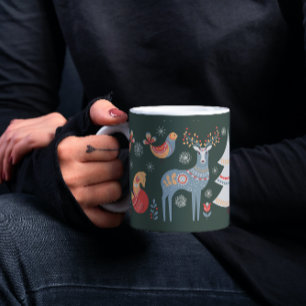 Green Nordic Reindeer Christmas Tree Holiday Coffee Mug