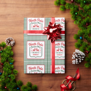 Green North Pole Reindeer express delivery plaid Wrapping Paper
