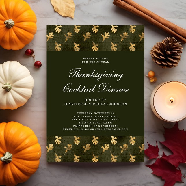 Green Oak Gold Leaf Thanksgiving Cocktail Party Invitation (Green Oak Gold Leaf Thanksgiving Cocktail Party Invitation)