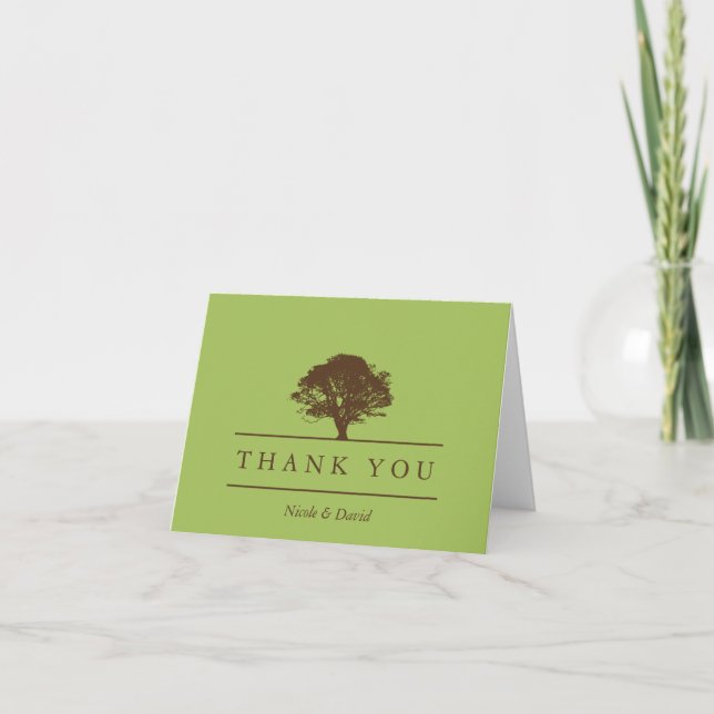 Green oak tree personalised thank you note card (Front)