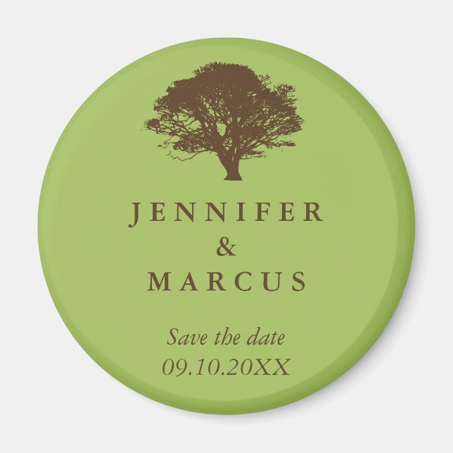 Green oak tree wedding announcement save the date magnet (Front)