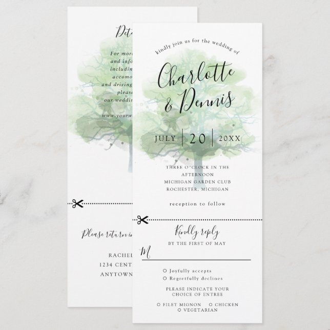 Green oak tree wedding invitation w rsvp attached (Front/Back)