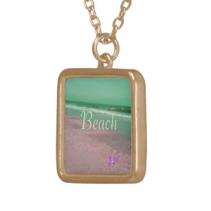 Green Ocean and Sand Beach Gold Finish Necklace