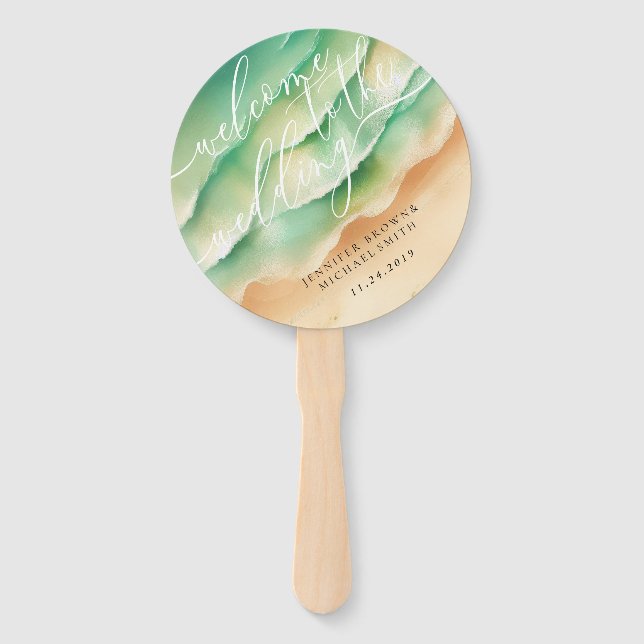 Green Ocean Beach Day Party Welcome Wedding Hand Fan (Front)