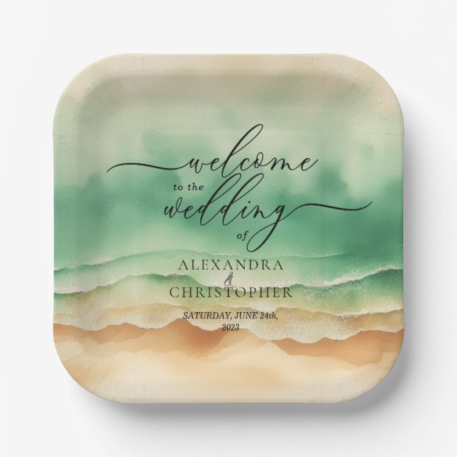 Green Ocean Beach Sand Sea Summer Party Paper Plate (Front)