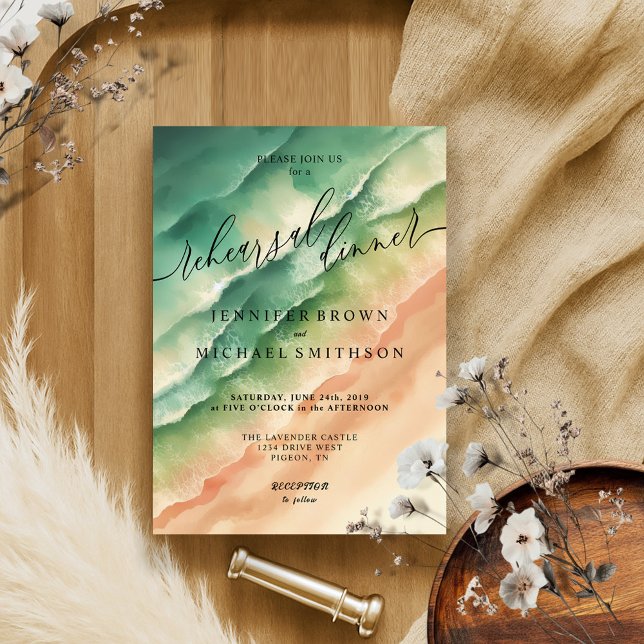 Green Ocean Beach Summer Watercolor Wedding Dinner Invitation (Creator Uploaded)