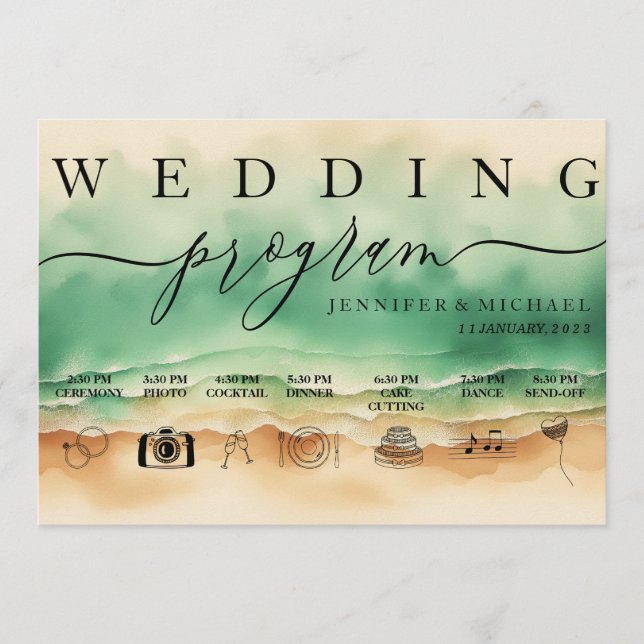 Green Ocean Beach Watercolor Signature Wed Program Programme (Front)