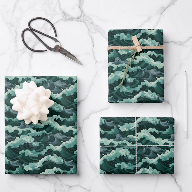 Green Ocean Waves Wrapping Paper Sheet (Front)
