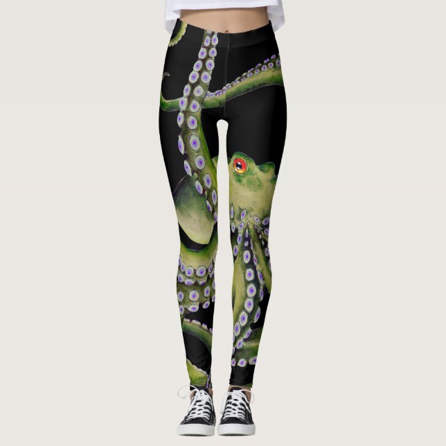Green Octopus Black Leggings (Front)