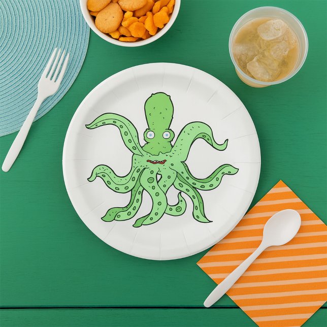 Green Octopus Character Quirky Sea Monster Paper Plate (Creator Uploaded)