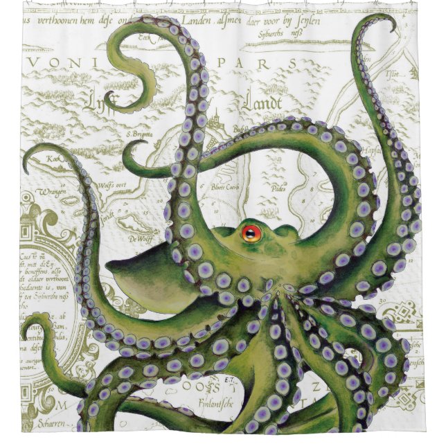 Green Octopus Vintage Map White Shower Curtain (Front)