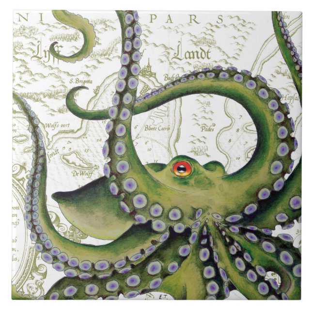 Green Octopus Vintage Map White Tile (Front)