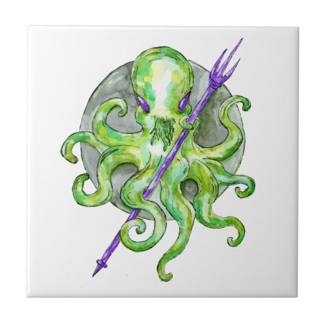 Green Octopus with Purple Trident Tile (Front)
